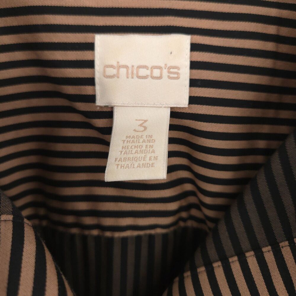 Chico's striped no-iron button up top Size 3 (XL) black brown long sleeve cotton - Picture 4 of 7